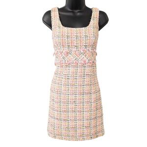Trina Turk Pink Orange Yellow Tweed Fringe Shift Dress Square Neck Sleeveless